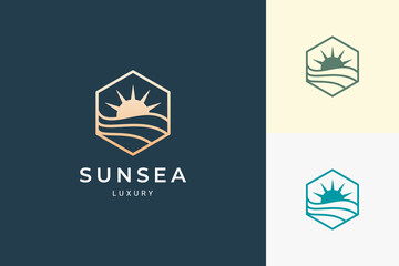 Wall Mural - Luxury sun and sea logo in simple and clean hexagon shape