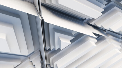 White, Tech Background with a Geometric 3D Structure. Clean, Stepped design with Extruded Futuristic Forms. 3D Render.