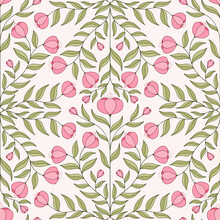 Seamless Symmetrical Abstract Pink Floral Design On A Cream Background.
