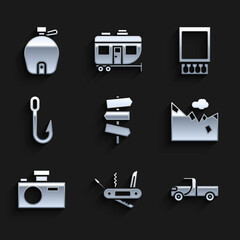 Sticker - Set Road traffic signpost, Swiss army knife, Pickup truck, Mountains, Photo camera, Fishing hook, Open matchbox and matches and Canteen water bottle icon. Vector