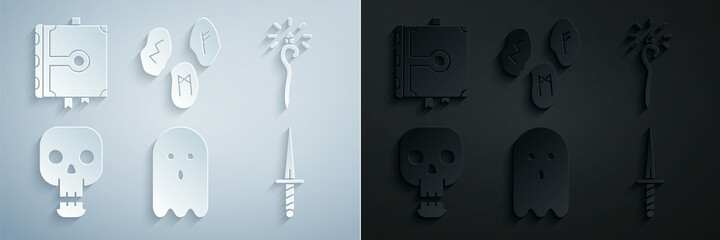 Set Ghost, Magic staff, Skull, Dagger, runes and Ancient magic book icon. Vector