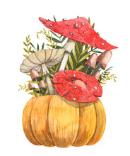 Poisonous Mushrooms In Carved Pumpkin With Fern Leaves Composition. Watercolor Hand Painted Illustration. Autumn Harvest Clip Art. Design For Post Cards And Prints