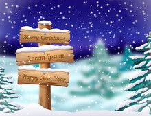 Winter Night Landscape With Wooden Sign On Blurred Background With Snowfall. Christmas Greeting Card, Banner Or Poster Template With Signpost In Snow And Place For Text. Magic Wintertime Illustration.