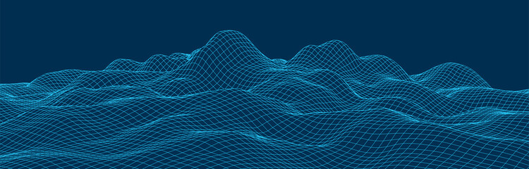 Leinwandbilder - Wireframe landscape background. Digital retro landscape 1980s style. Cyberspace grid. Vector illustration.
