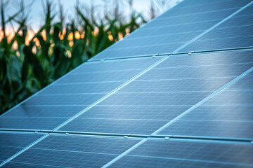 Poster - Solar power cells, close up on photovoltaic solar panels with green field in the back.