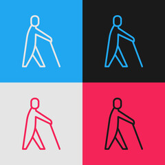 Poster - Pop art line Blind human holding stick icon isolated on color background. Disabled human with blindness. Vector