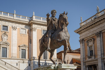 The replica of the statue of the Emperor of Marcus Aurelius in Piazza del Campidoglio, Rome