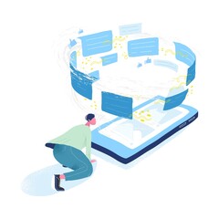 Aufkleber - Guy looking at giant mobile phone and tornado of messages. Concept of information flow, communication via messenger, data transfer, instant messaging, modern technology. Flat vector illustration
