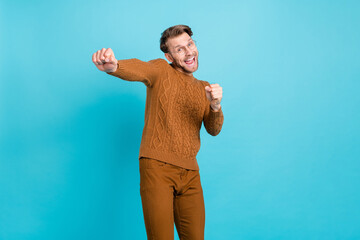 Sticker - Photo of cheerful positive young man wear glasses funny mood isolated on pastel blue color background