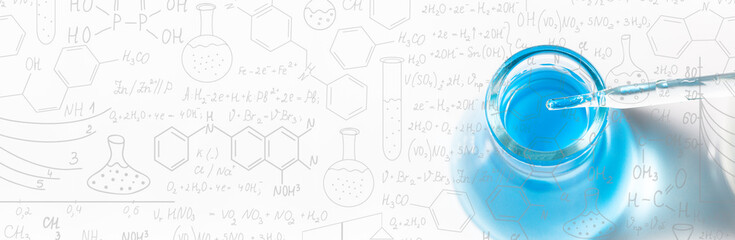 Wall Mural - blue science glass tube experiment on white background,hand drawn science formulas on chalkboard for