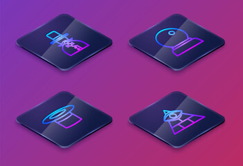 Sticker - Set Isometric line Magician, hat, ball and Masons. Blue square button. Vector