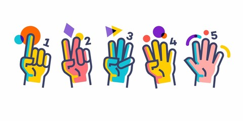 hands showing numbers, hand gesture count 1 2 3 4 and 5 vector icon illustration in trendy cartoon f