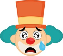 Vector Emoticon Illustration Of The Face Of A Cartoon Clown With A Hat, With A Sad Expression And A Tear Falling From His Eye
