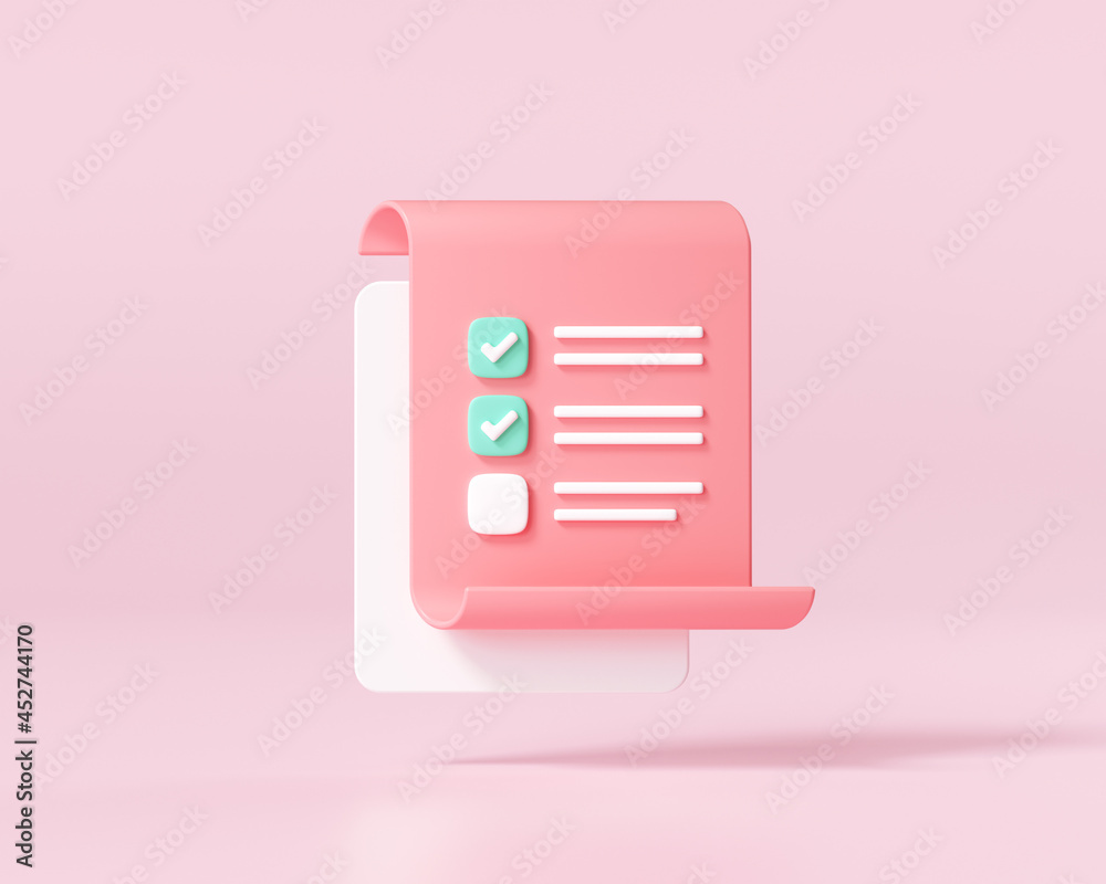 White clipboard with checklist on pink background. 3d render ...