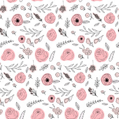 Poster - Floral vector seamless pattern with  flowers and leaves. Beautiful hand drawn flowers in  light pastel colors in vintage style.