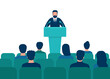 © Iuliia - Lector man in suit speech behind podium on conference with audience in hall. Speaker on tribune by leader, businessman, teacher talking before of people spectators. People audience back view. Vector