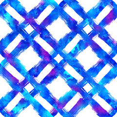 Watercolor Brush Plaid Seamless Pattern Hand Painted Check Grange Geometric Design in Blue Color. Modern Strokes and Stripes