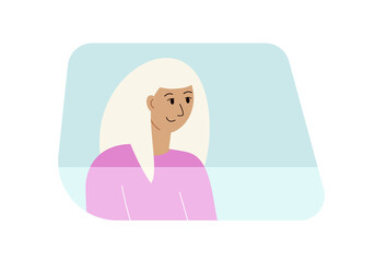 Car trip concept. Illustration of a woman in profile behind the glass of a car.