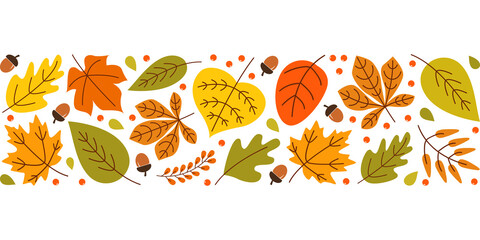 Poster - Autumn background with colorful seasonal leaves, berries, acorns on white background. Bright horizontal wide strip . Vector illustration