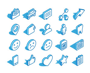 Poster - Set of web isometric icon. Thumb up, wallet, user, tooth, sim card and more. 3D line style symbol.