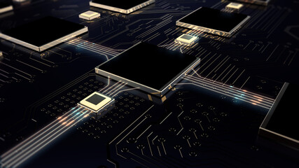 Poster - Printed circuit board futuristic server/3d Illustration. The mother server is processing the data, Circuit board futuristic server code processing. Black, gold, blue technology background with bokeh