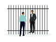 One male character in business attire stands behind an iron fence and another male character stands in front of him on a white background
