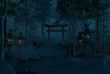 3d Rendering Of An Old Japanese Shrine With Torii Gate And Stone Lantern At Night