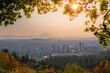 Portland Downtown and Mt Hood with sunshine behind autumn foliage