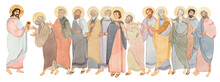 Watercolor Illustration Of The Sacrament. Jesus Christ Gives Wine  To The Apostles, Isolated On A White Background. For Christian Publications, Prints, Website Design, And Bible Magazines.