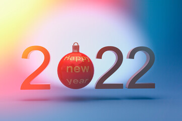 View of the number 2022 with a christmas ball at zero. New year concept.