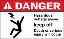 Hazardous Voltage Above Keep Off. Death Or Serious Injury May Occur Danger Sign. Electrical Safety Signs And Symbols.