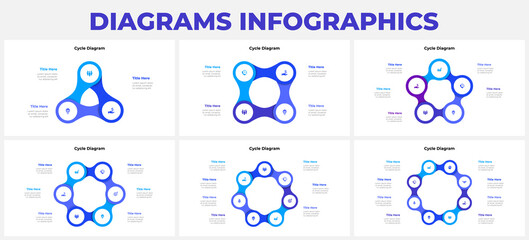 Set of metaball cycle infographic. Business data visualization. Template for presentation. Design concept with 3, 4, 5, 6, 7 and 8 options