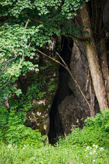 Sticker - The entrance to the cave in the rock with grass in the foreground.