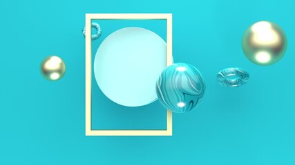 Poster - 3D Rectangular frame with golden and marble flying figures on a blue background. Minimal modern seamless motion design. Abstract animation