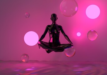 Poster - 3D illustration of a meditating woman in the lotus position with neon spheres around. The concept of mindfulness and yoga.