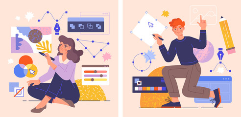 Fototapete - Male and female illustrators are drawing abstract shapes with stylus pen. Concept of designer character freelancer or art director. Process of making illustration. Flat cartoon vector illustration