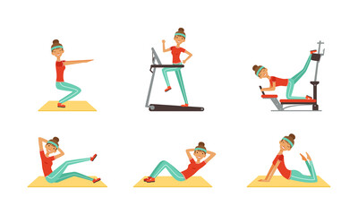 Sticker - Young Woman Doing Fitness Workout Set, Girl Training with Sports Equipment, Squatting, Practicing Yoga Cartoon Vector Illustration