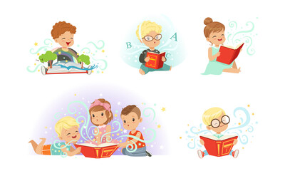 Sticker - Adorable Children Reading Fairytale Fantasy Books Set, Fairy Magical Adventures, Kids Imagination Concept Cartoon Vector Illustration