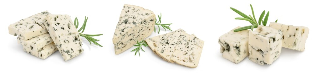 Wall Mural - Blue cheese with rosemary isolated on white background with full depth of field. Set or collection
