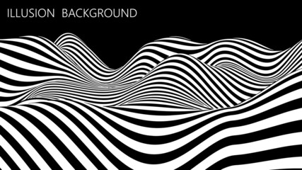 Aufkleber - Abstract landscape of black and white stripes. Optical illusion wave. Distortion effect. Vector illustration.