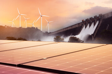 electricity from solar panels, dams, and wind turbines. environmentally-friendly renewable energy co