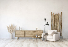 Modern Living Room With Couch And TV Stand, Wall Mockup In The Living Room, Living Room With Dried Flower And Bamboo, Light Interior Of Living Room With Wood Floor And White Wall, 3d Render