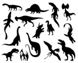 Fototapeta Dinusie - Collection silhouettes of dinosaurs. Dino monsters icons. Prehistoric reptile monsters. Vector illustration isolated on white. Sketch set. Hand drawn dino skeletons