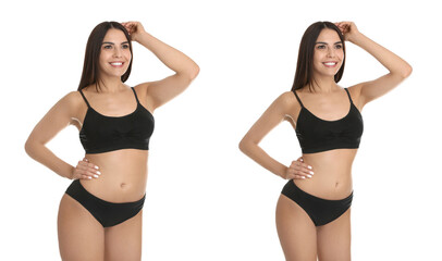 Sticker - Collage with photos of woman before and after weight loss diet on white background