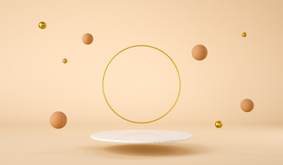 Poster - Clean marble platform floating with golden ring and spheres floating, product presentation 3d render