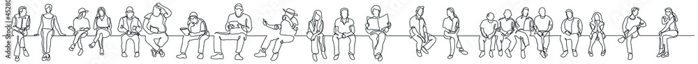 continuous line drawing of group of various diverse people sitting thinking - obrazy, fototapety, plakaty 
