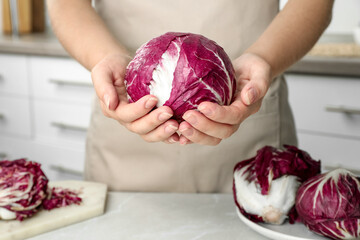 Wall Mural - Woman holding fresh ripe radicchio indoors, closeup