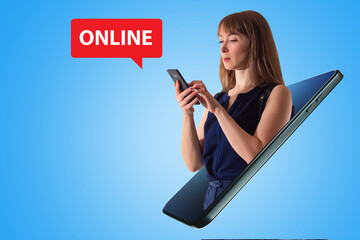 Poster - Doing business on phone. Girl is engaged in business in smartphone. Businesswoman on blue background. Art portrait of a businesswoman. Businesswoman with phone. Online logo is near it. Business apps