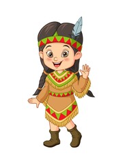 Wall Mural - Cartoon little girl wearing american indian costume