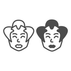 Poster - Samurai, Japanese man face, chonmage haircut line and solid icon, asian culture concept, head vector sign on white background, outline style icon for mobile concept and web design. Vector graphics.